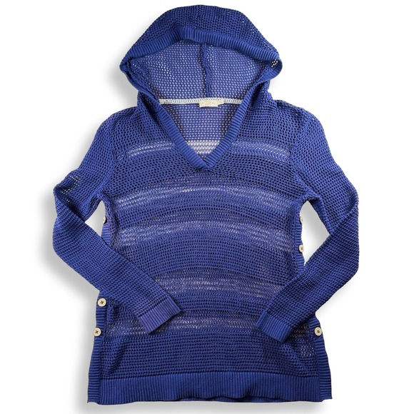 Paradise Shores Tops - Paradise Shores Blue Open Knit Crochet Hoodie Sweater Side Button Cotton Large